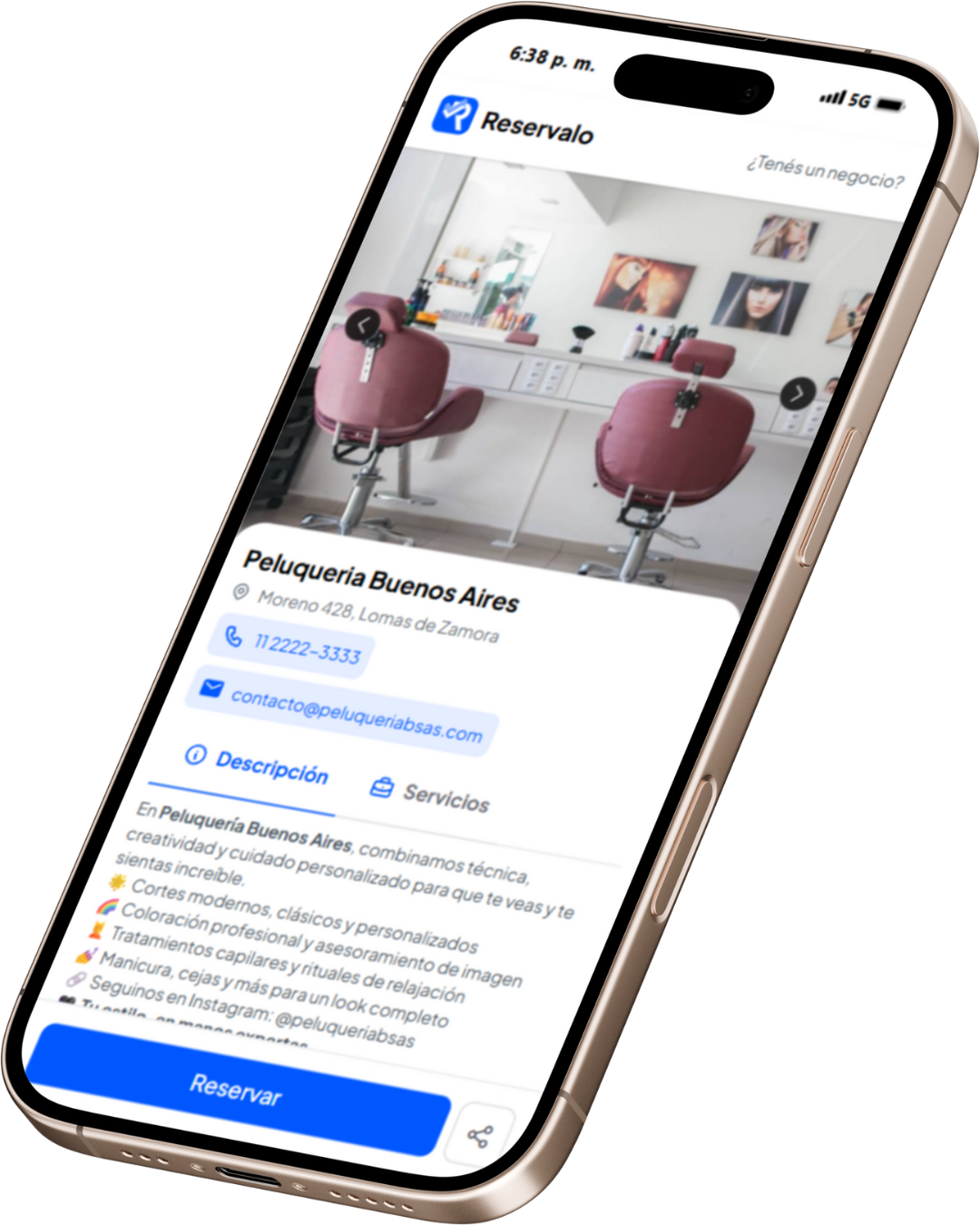 Página de reservas en celular